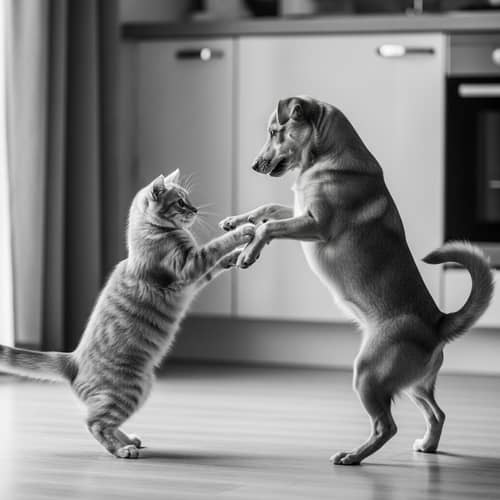Cat vs Dog Duel: Brave Showdown in Domestic Setting