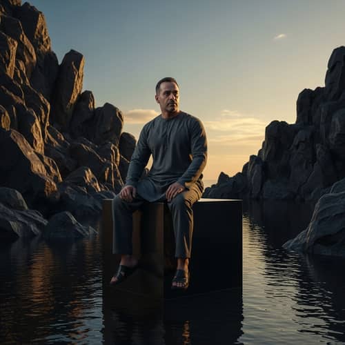 Middle-Eastern Man, 50, Stone Hands, Seated on Cube - Fear vs Calm