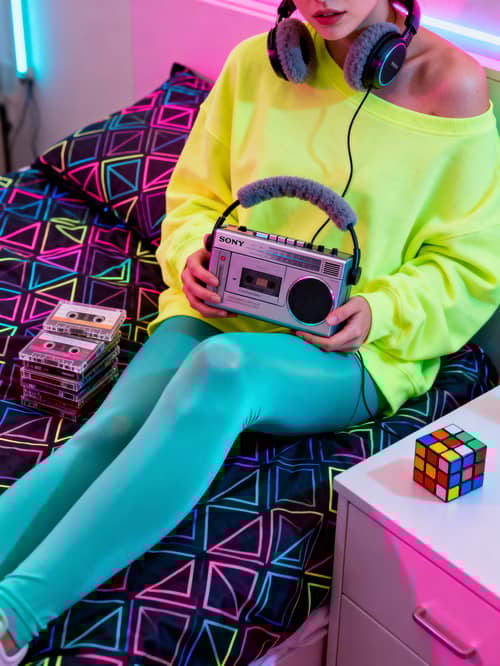 Neon Vibes: Model on Bed with Retro Walkman