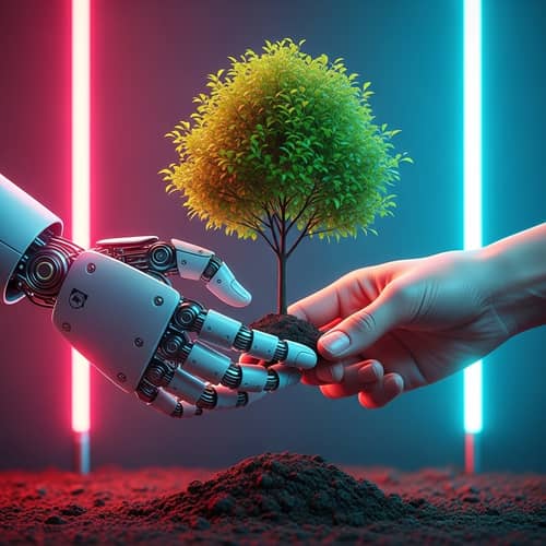 Robotic and Human Hands Planting Tree - Addressing Climate Crisis