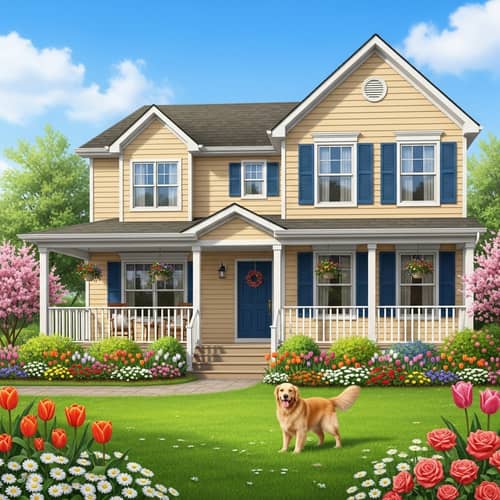 Charming Two-Story House with Wrap-Around Porch and Vibrant Flower Beds