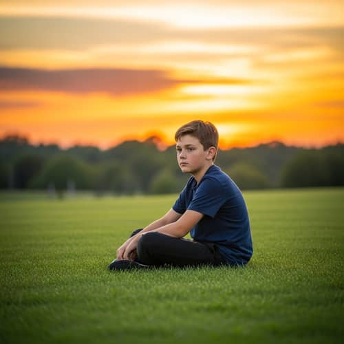 Golden Hour Sunset Portrait: Young Boy On Lush Green Grass