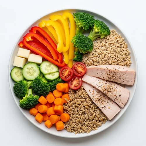 Well-Balanced Meal with Vegetables, Fruits, Lean Proteins, and Whole Grains