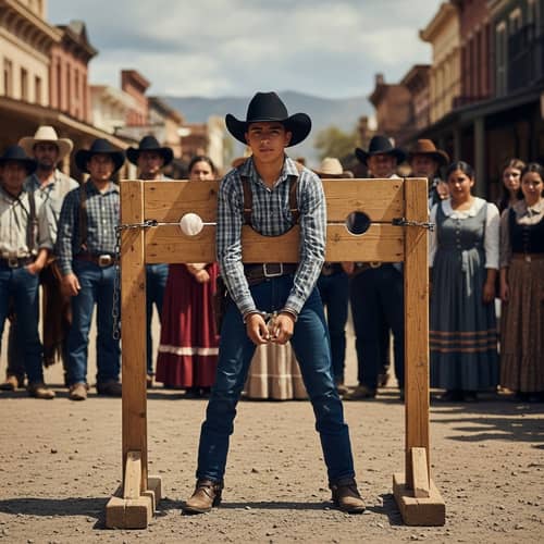 Young Hispanic Cowboy Handcuffed in Ancient Pillory - Wild Western Scene