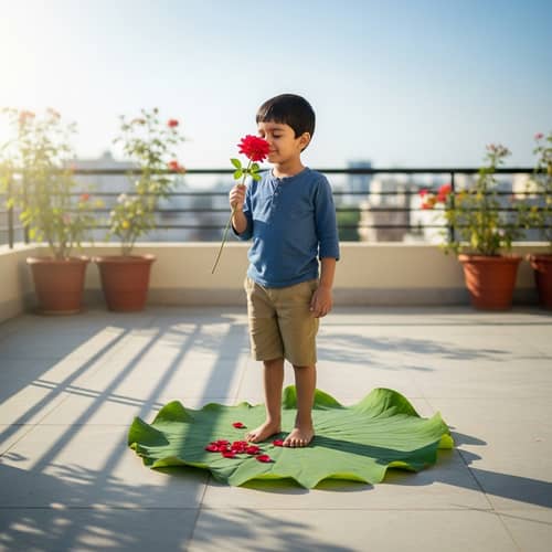 South Asian Boy with Rose on Lotus Leaf in Terrace