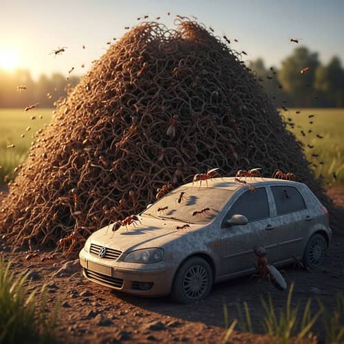 Unusual Encounter: Car Surrounded by Anthill Activity