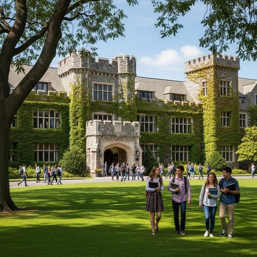 Picturesque Castle-Like School Building with Vibrant Student Life