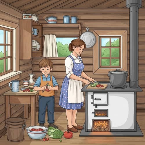 Charming Rural Life: A Boy Helping His Mother