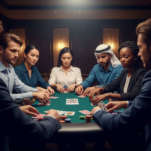 Luxurious Poker Table Showdown with Multicultural Cast