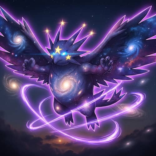 Flying/Astral Type Pokémon with Blue Eyes and Purple Aura