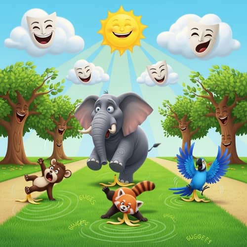 Whimsical Animated City Park with Laughing Trees and Playful Animals