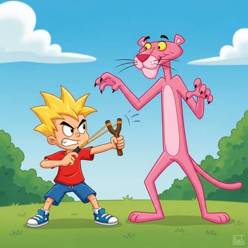 Bart Simpson vs Pink Panther: Playful Fight in Grass Field