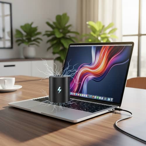 Silver Laptop on Wooden Desk | Abstract Wallpaper Display