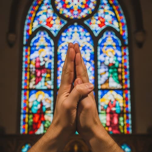 Vibrant Church Stained Glass Hands Prayer Art