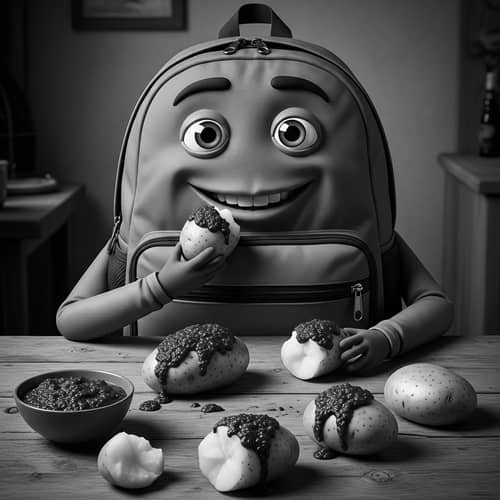 Backpack Eating Boiled Potatoes with Spicy Mojo Picon Sauce