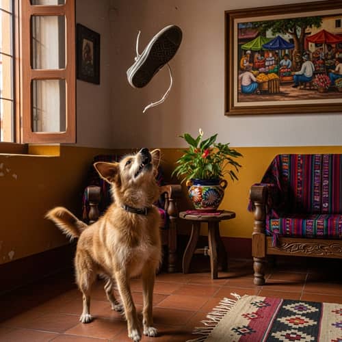 Playful Dog with Shoe at Latin American Home