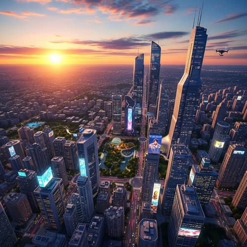 Futuristic Cityscape at Dusk: High-Tech Skyscrapers & Neon Lights