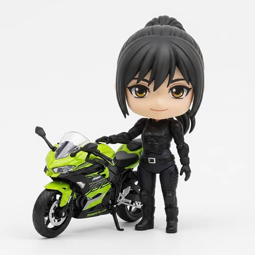 Chibi-Style Woman with Toy Ninja 400 Motorcycle