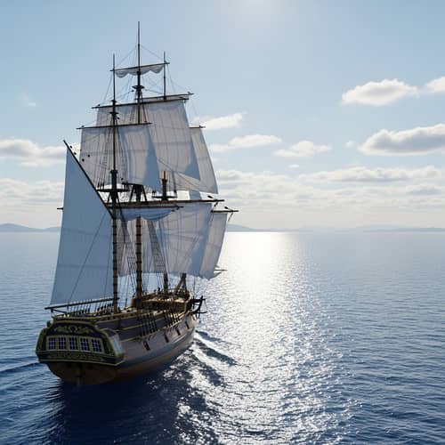 Sailboat Gliding in Expansive Ocean with Glistening Sunlight