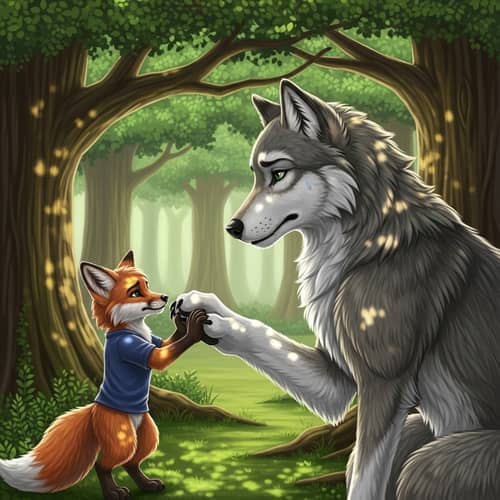 Anthropomorphic Fox and Wolf Sharing a Peaceful Moment in the Forest