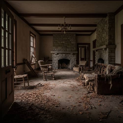 Isolated Abandoned House Interior | Stone Fireplace & Decay