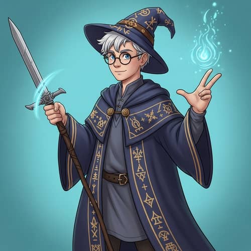 Young ENTP Wizard with Short White Hair and Round Glasses