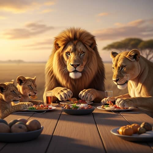 Family of Lions Enjoying a Meal: Warm Savannah Scene