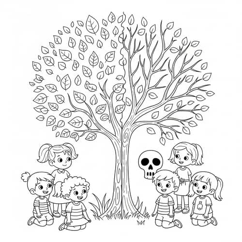 Whimsical Life and Death Coloring Page for Children