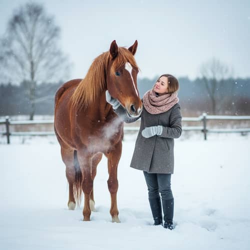 Young Slavic Woman with Adult Horse in Snowy Field