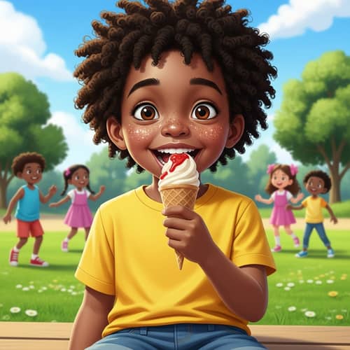 Young Boy Enjoying Ice Cream in Park | Joyful Portrait