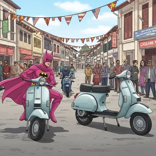 Unique Superhero on Vespa | Vibrant Malaysian Town Scene