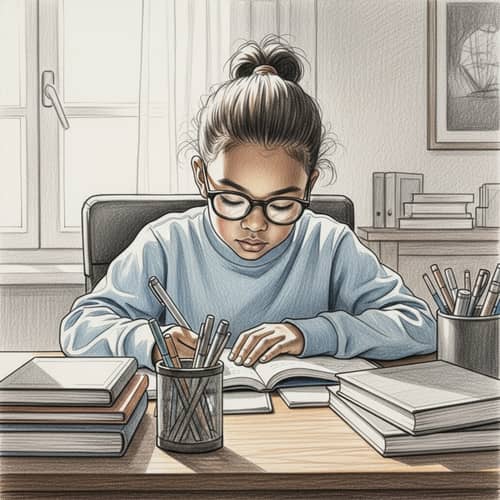 Young Child Studying Pencil Sketch | Diverse Ethnicity