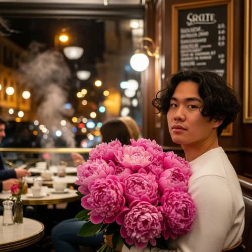 Anonymous Young Man with Peonies in Urban Cafe Setting