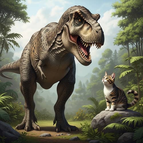 Gigantic T-Rex and Small Cat Encounter in Prehistoric Jungle