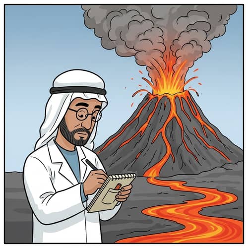 Scientist Studying Volcano Eruption - Educational Comic Panel