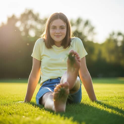 Freckled Teenage Girl Playfully Kicking Bare Feet | Website Name