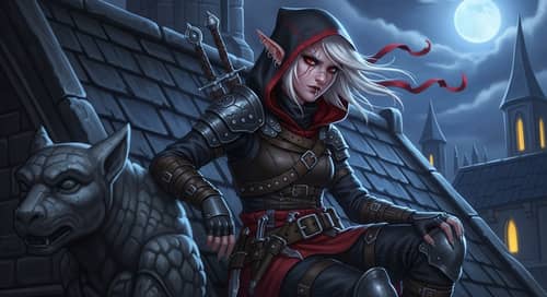 Half-Elf Rogue Perched on Moonlit Rooftop | RPG Character Art