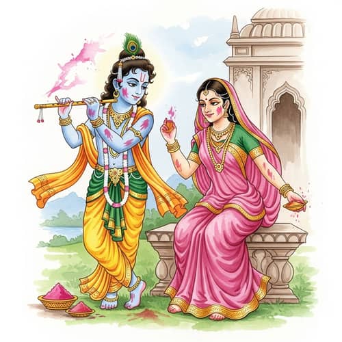 Lord Krishna & Radha Celebrate Holi in Vrindaban - Traditional Art