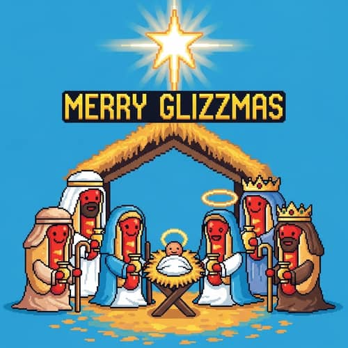 Pixel Art Nativity Scene with Hotdog Characters | Merry Glizzmas Theme