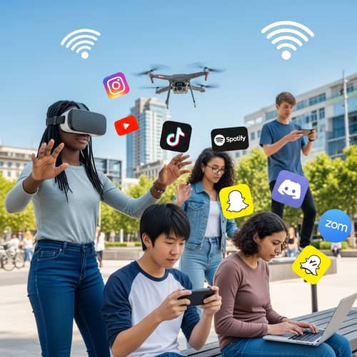 Gen Z Technology Scene: Diverse Teenagers and Digital Devices