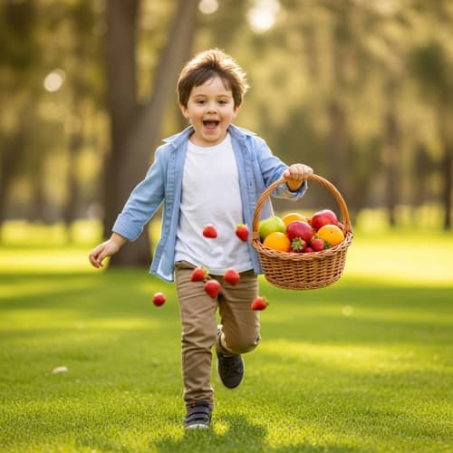 Young Hispanic Boy Running with Basket of Fruits on Green Field
