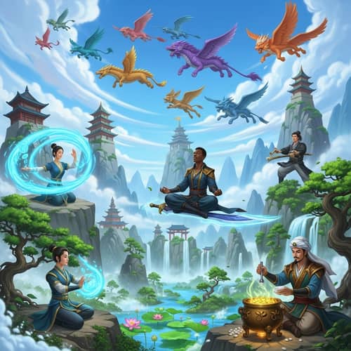 Fantastical Xianxia Scene with Mythical Beasts and Diverse Cultivators