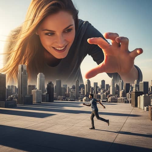 Giantess Woman Eating Tiny Man - Urban Landscape Scene