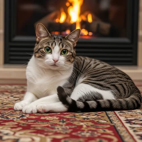 Captivating Green-Eyed Short-Haired Cat Relaxing by Fireplace