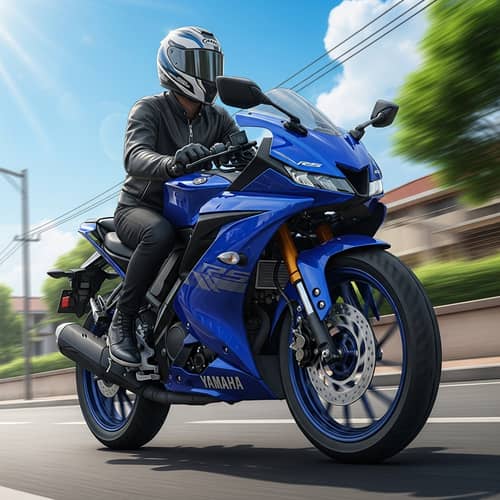 Vibrant Yamaha R15 Motorcycle Riding Image in Brilliant Blue