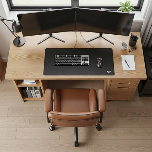 Neatly Arranged Oak Computer Desk with Dual Monitors & Gaming Mouse Pad