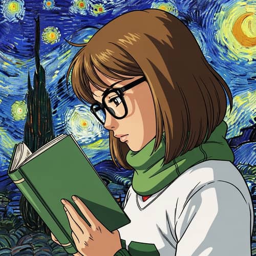 Young Asian Girl Reading Hardcover Book in 70s Anime Style