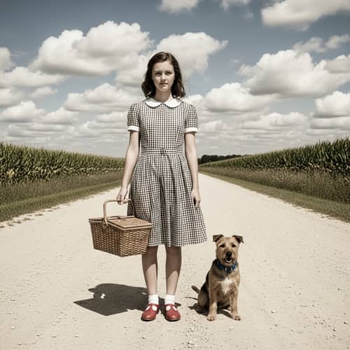 Vintage Sepia Photo of Teenage Girl with Terrier in Midwestern Landscape