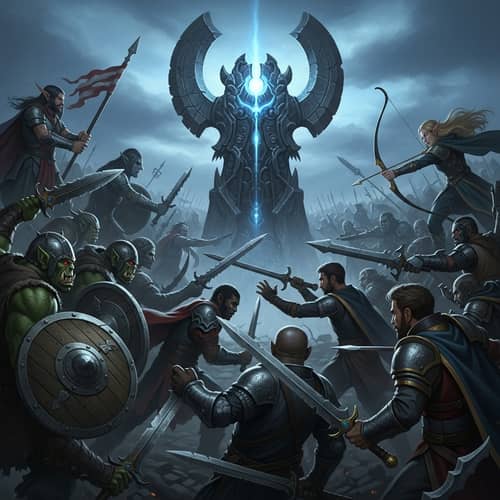 Fantasy Battle Scene: Orks, Humans, and Elves Clash for Ancient Artifact