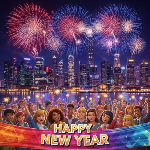 Vibrant New Year Celebration with Fireworks over City Skyline